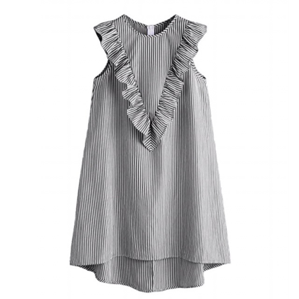 Grey Vertical Striped Ruffle Front Tunic Dress
